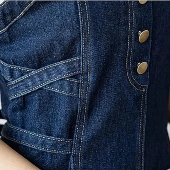 Smocked Button Decor Dark Wash Denim Tie Up Midi-Maxi Dress - Picture 4 of 6